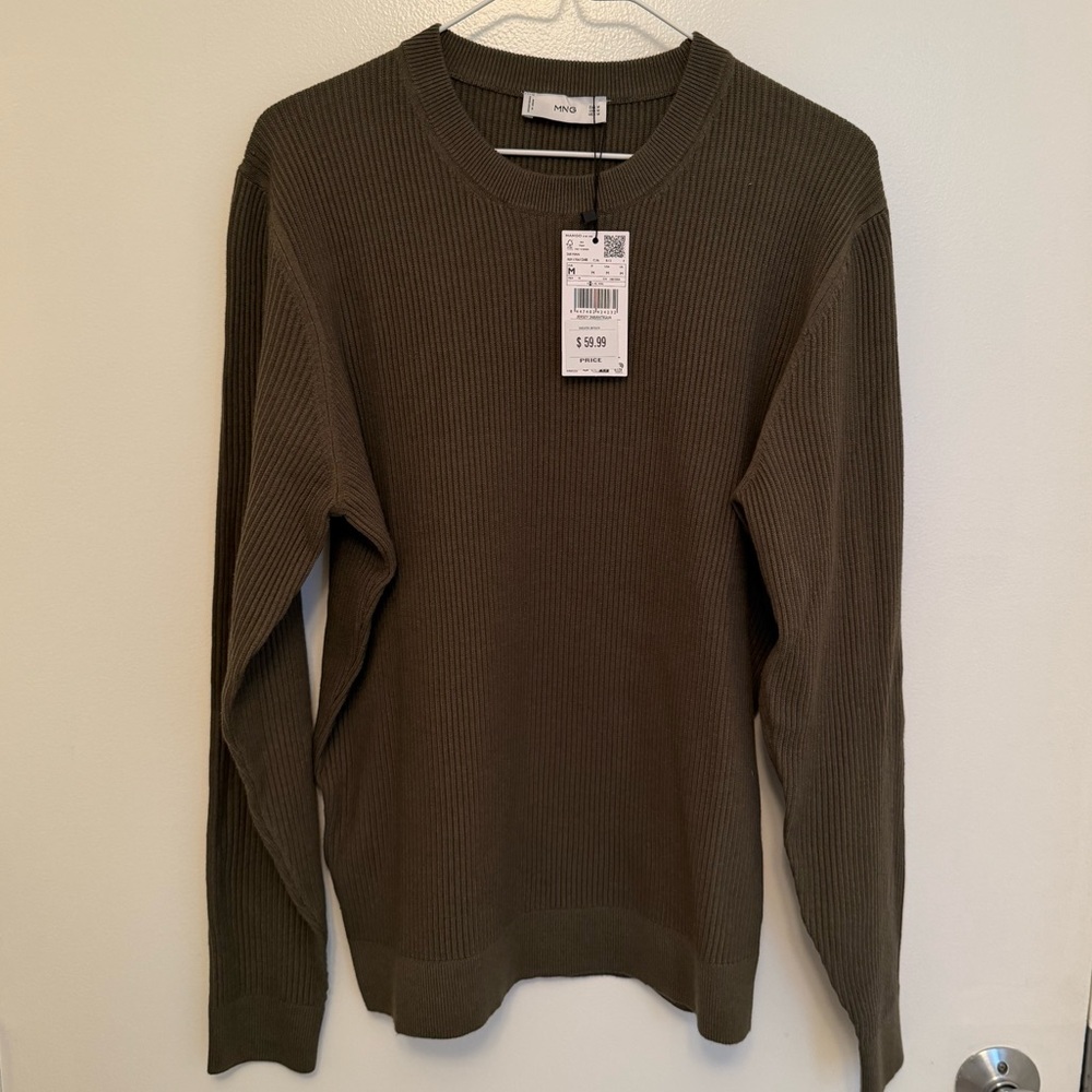 Brand New NWT Mango Fine Rib-Knit Cotton Sweater – Olive Green – Men’s Medium